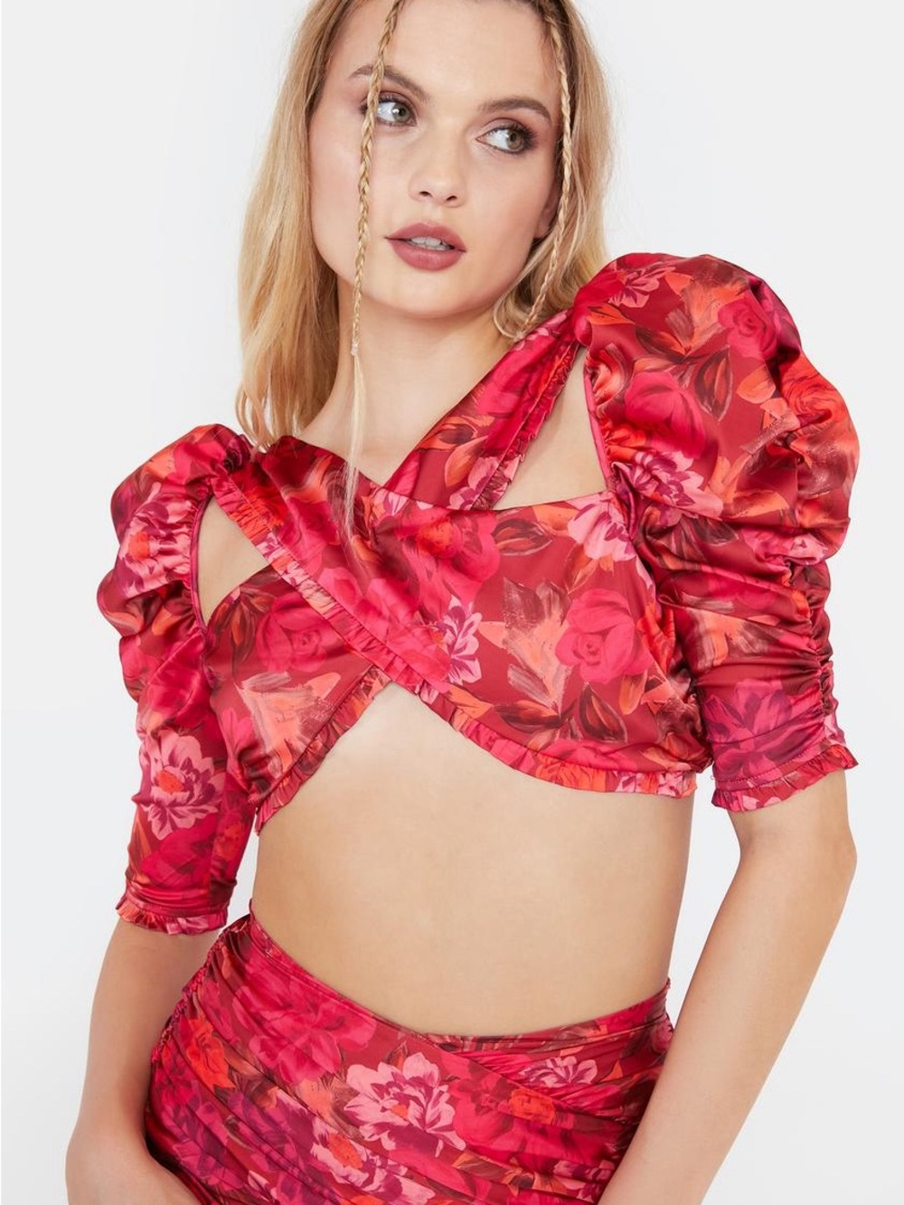 NWOT For Love & Lemons Floral Cutout Puff-Sleeve ALIA CROSS FRONT CROP TOP XS